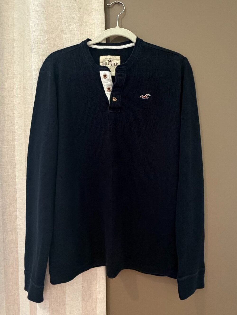 Hollister Navy Waffle Henley Long Sleeve Thermal, Size Large